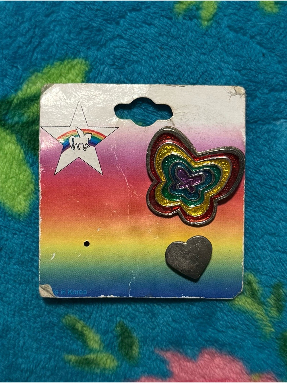 Vintage 80s Rainbow Butterfly and Heart Pins set of 2